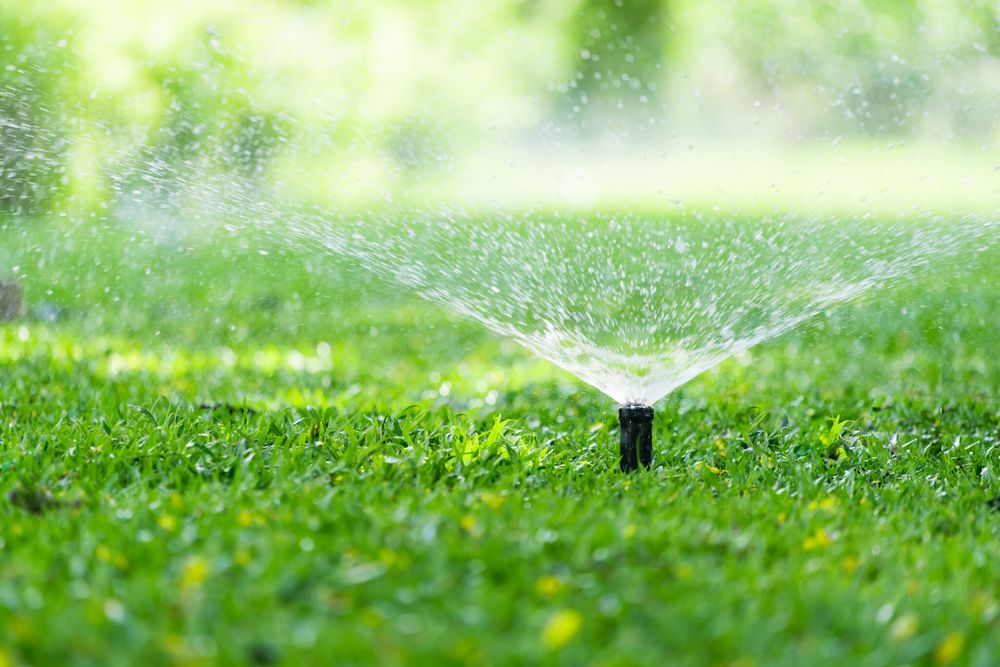 Pop-up sprinkler head watering a healthy green lawn